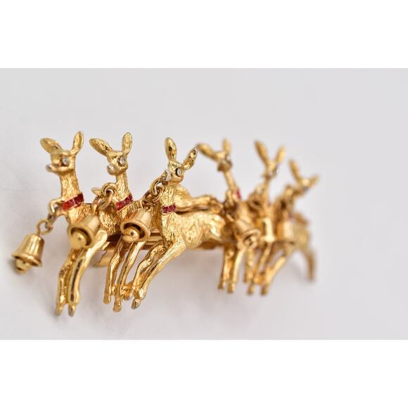 Vintage Christmas Hair Clip Reindeer Gold Red Enamel Bells Dangle Holiday 1980s
